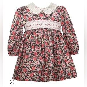 Bonnie Jean Floral Dress with Lace Collar - Pink and Black